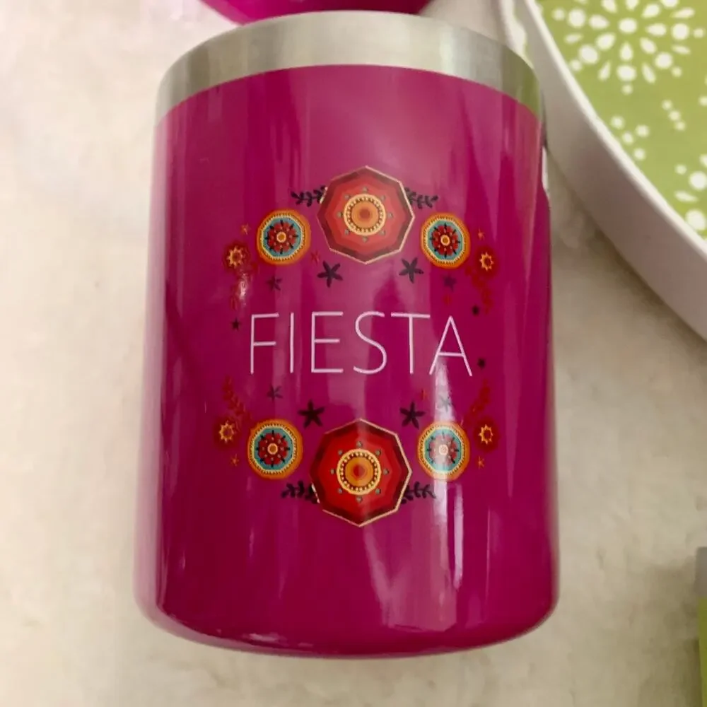 Party Fiesta Round Drink Serving Tray Set with 6 Metal Tumblers NEW